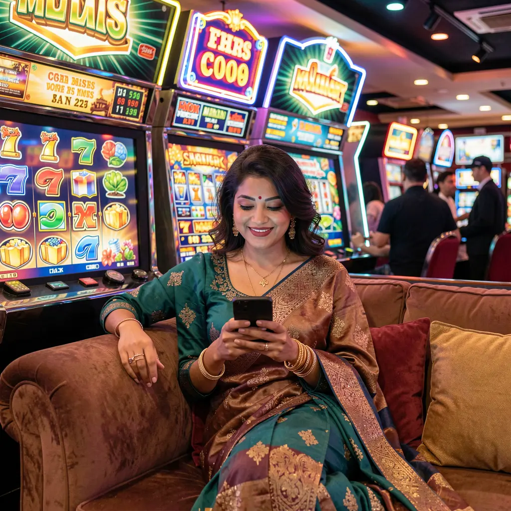 Focused Bangladeshi woman using the 67OK casino app on her phone while relaxing on a sofa with bright neon casino lights behind her