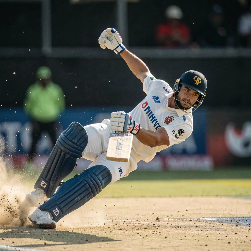 Professional cricket player making an intense diving move on the field captured in slow motion highlighting the excitement of live sports betting with 67OK