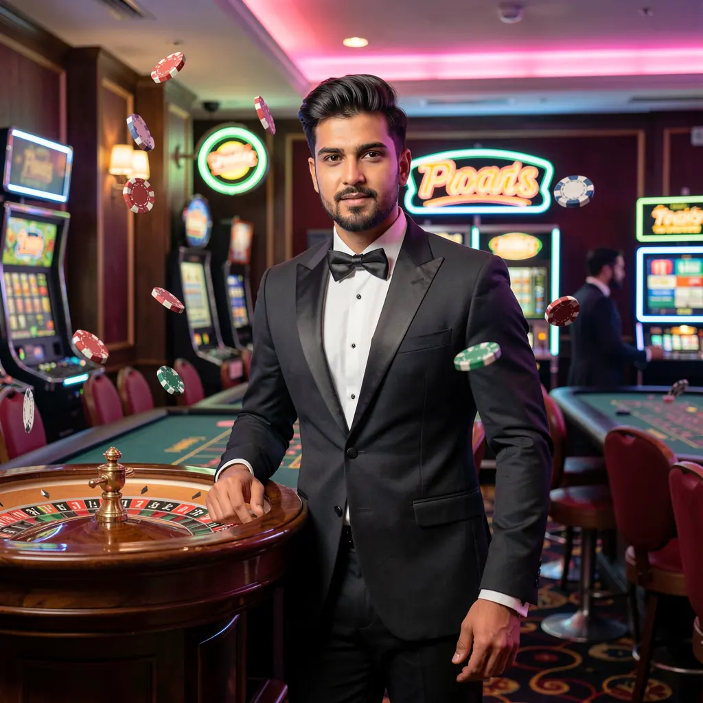 Stylish casino dealer in a tuxedo standing by the roulette table with vibrant lights and floating chips representing the thrilling live casino atmosphere of 67OK in Bangladesh