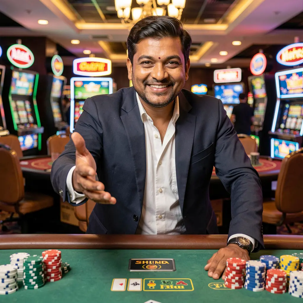 Friendly Bangladeshi casino dealer welcoming players with an extended hand surrounded by glowing chips representing the trusted 67OK casino login experience