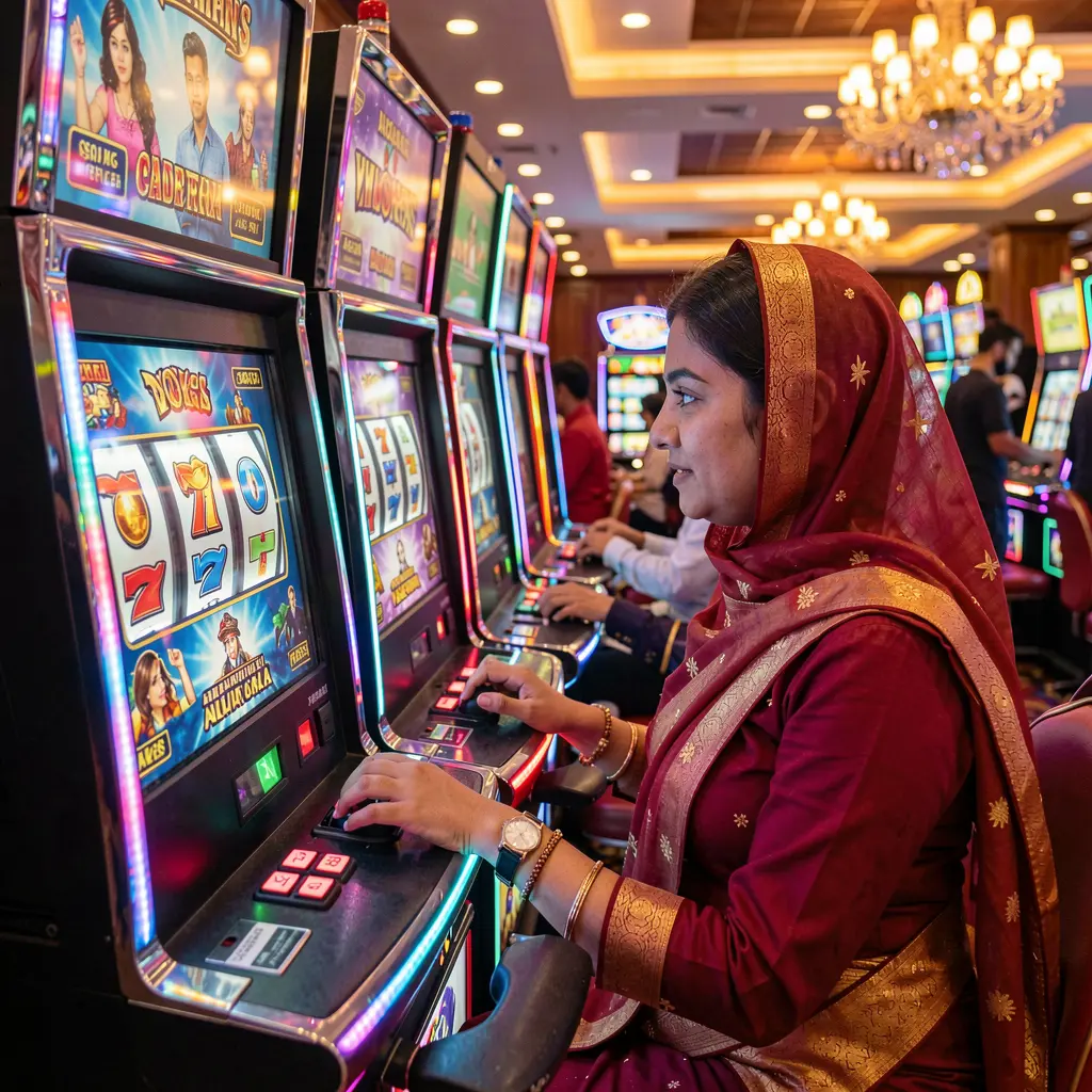 A stylish Bangladeshi woman enjoying modern slot machines in a vibrant casino environment highlighting immersive gameplay at 67OK casino